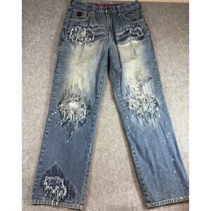 Vintage Phat Farm Straight Jeans Mens 34x33 Blue Distressed Faded Hip Hop Y2K